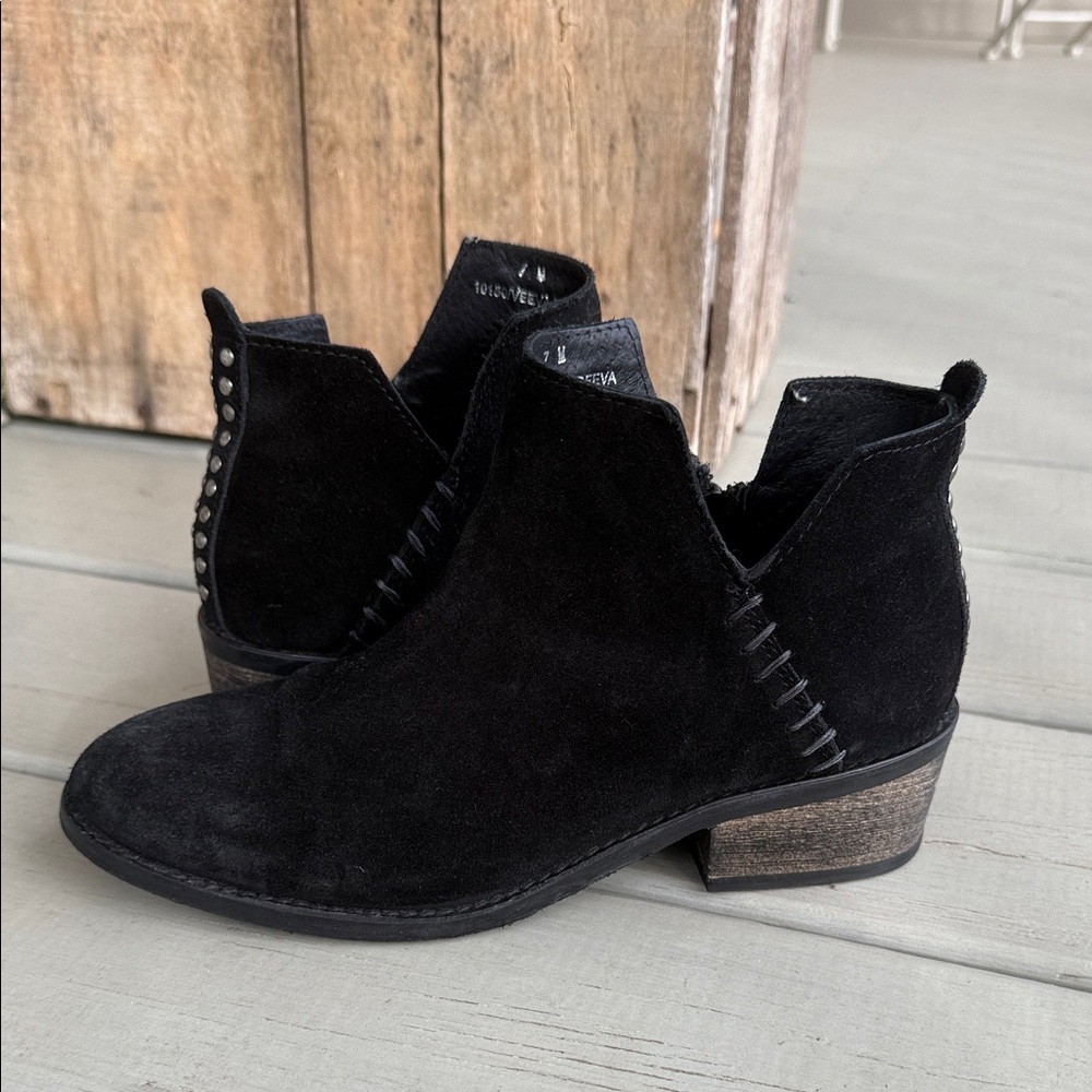 Black Suede Ankle Booties with Stud-Trim Heel